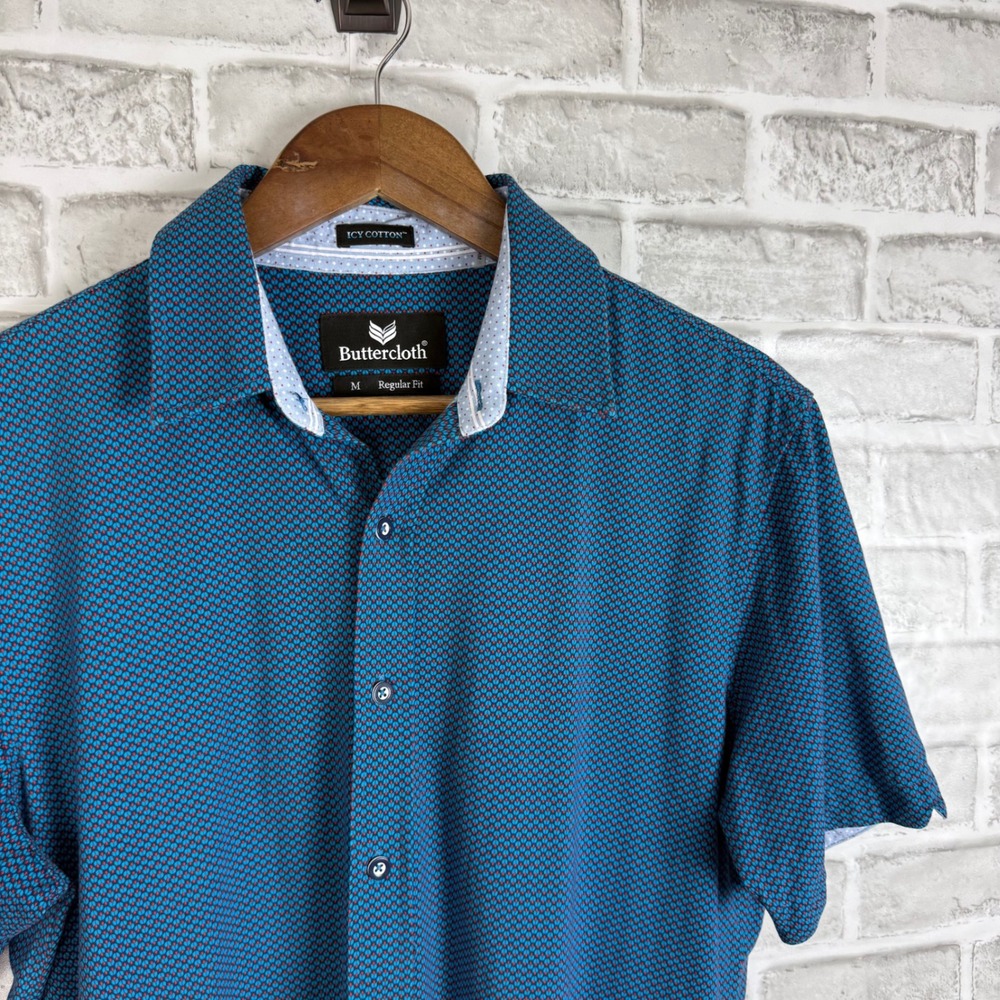 Buttercloth Icy Cotton Mens Regular Fit Short Sleeve Button Down Blue AOP MEDIUM